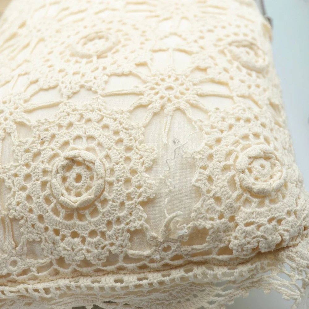 Grandmacore Cottage Crochet Lace Throw Set (3) Pillows Beige Vintage Granny Rose